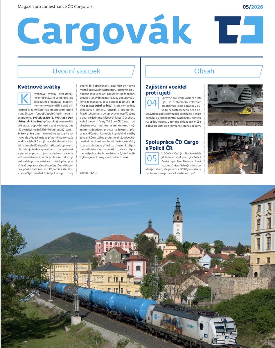 PV_OSZ_CDC's tweet photo. Nový květnový Cargovák je již na našem webu https://t.co/QIYgT40lMW Jsou pro vás připraveny novinky a zajímavosti ze společnosti ČD Cargo. https://t.co/yxYyIFL8Ui