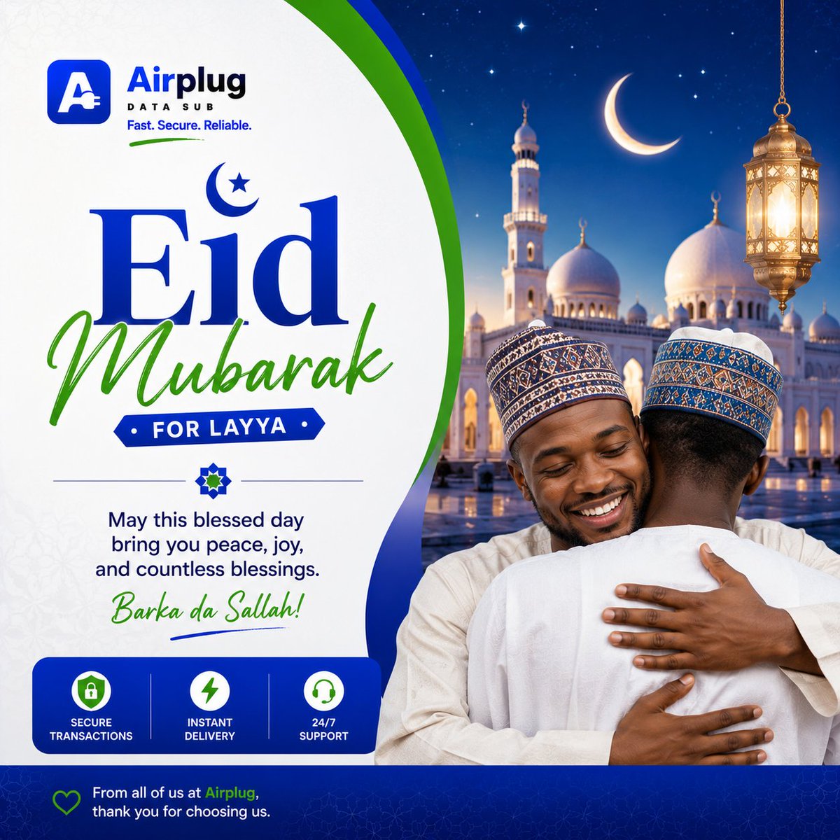 mrcode_ai's tweet photo. Eid Mubarak from Airplug Data Sub.

May this blessed Eid bring peace, happiness, success and countless blessings to you and your family.

Thank you for being part of the Airplug community.

Barka da Sallah.

Airplug Data Sub
Fast. Secure. Reliable.

#EidMubarak #Airplug https://t.co/7gfaq23vLM