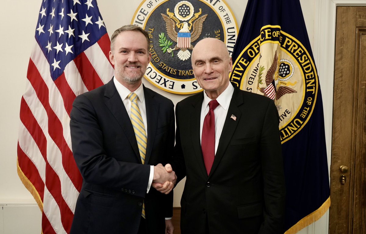 USAmbEU's tweet photo. The Trump Administration is focused on reciprocal trade and mutually beneficial alliances that support critical sectors. Couldn't have a better partner than @USTradeRep Greer to negotiate a U.S.-EU arrangement to reduce trade barriers and unlock innovation. https://t.co/TjptOrgE43