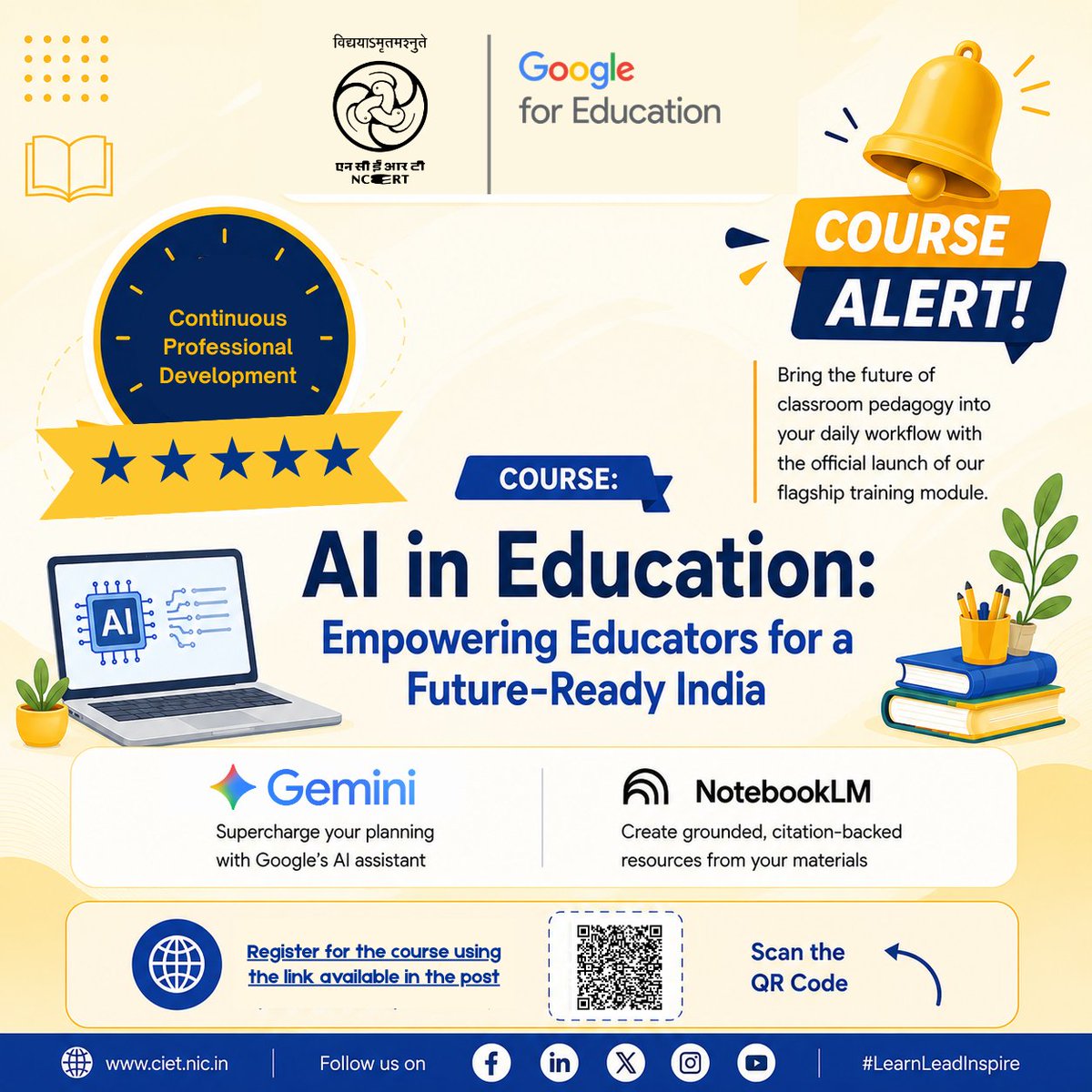 ncert's tweet photo. 𝐍𝐂𝐄𝐑𝐓 -𝐂𝐈𝐄𝐓 and 𝐆𝐨𝐨𝐠𝐥𝐞 for Education, launch a new professional development course on 𝐃𝐈𝐊𝐒𝐇𝐀: 𝐀𝐈 𝐢𝐧 𝐄𝐝𝐮𝐜𝐚𝐭𝐢𝐨𝐧: 𝐄𝐦𝐩𝐨𝐰𝐞𝐫𝐢𝐧𝐠 𝐄𝐝𝐮𝐜𝐚𝐭𝐨𝐫𝐬 𝐟𝐨𝐫 𝐚 𝐅𝐮𝐭𝐮𝐫𝐞-𝐑𝐞𝐚𝐝𝐲 𝐈𝐧𝐝𝐢𝐚

𝐋𝐞𝐚𝐫𝐧:
Prompt Crafting
AI Evaluation Framework
Automated Differentiation
Grounded Content with NotebookLM

𝐋𝐞𝐚𝐝. 𝐋𝐞𝐚𝐫𝐧. 𝐈𝐧𝐬𝐩𝐢𝐫𝐞

𝐀𝐯𝐚𝐢𝐥𝐚𝐛𝐥𝐞 on 𝐃𝐈𝐊𝐒𝐇𝐀 now
🔗 Enrol now: https://t.co/vG9FtG8vkx

#NCERT #CIET #DIKSHA #GoogleForEducation #AIinEducation #TeacherTraining #CPD #DigitalLearning