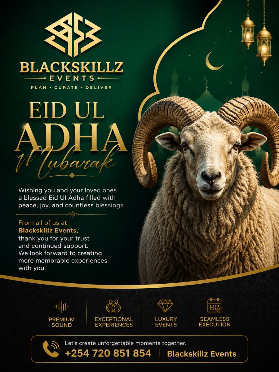 Blackskillzent1's tweet photo. Today we celebrate faith, gratitude and togetherness 🌙✨

From our Blackskillz Events family to yours, we wish you a blessed and joyful Eid Ul Adha filled with peace and beautiful moments.

Eid Mubarak 💚✨

#EidMubarak #EidUlAdha #BlackskillzEvents https://t.co/5OFkYgslXB