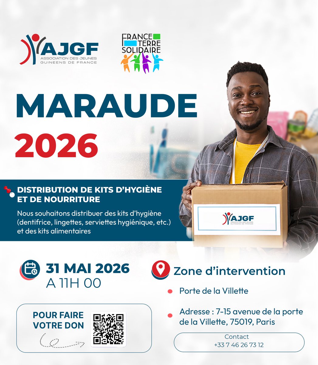 AJGFinfos's tweet photo. [Maraude solidaire 2026 – AJGF &amp; France Terre Solidaire]

Le 31 mai 2026 à Paris, nous organisons 
une maraude pour soutenir les migrants 🤝

💛 La cagnotte est à retrouver sur le compte facebook « Jeunes Guinéens de France ».

Pour une journée de solidarité commune 🫶 https://t.co/izjR5LXhRb