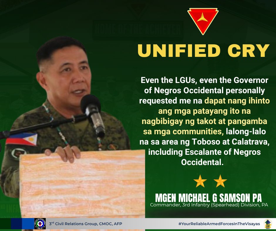 3rdCRG's tweet photo. Major Gen. Michael G. Samson, commander of the 3rd Infantry Division commander, expresses urgency that the fear and terror in communities — especially in Toboso, Calatrava, and Escalante — can no longer be ignored. https://t.co/OsiMqi1ZXE