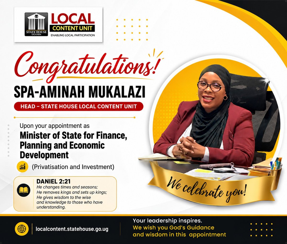 SH_LocalContent's tweet photo. Congratulations to SPA Hajjat Aminah Mukalazi upon your appointment as Minister of State for Finance, Planning &amp; Economic Development (Privatisation &amp; Investment). 🇺🇬
We appreciate H.E. Yoweri Kaguta Museveni for the trust placed in your leadership.

Daniel 2: 21

#LocalContentUg https://t.co/Jt2VPVTKpW