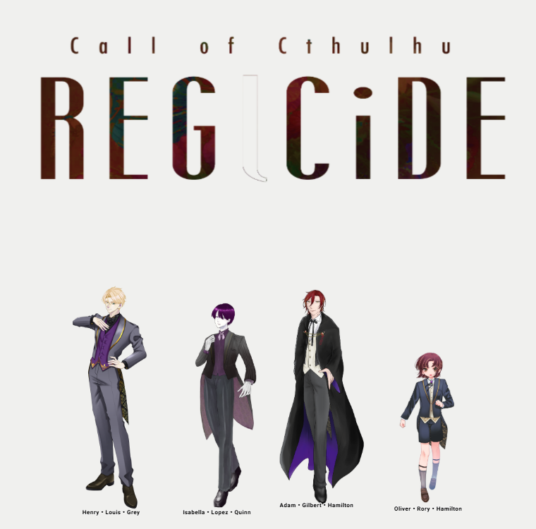 tutaajaaa's tweet photo. CoC【　REGlCiDE　】

𝗞𝗣: みったん

𝗣𝗖/𝗣𝗟
𝗛𝗢𝟭: Henry・Louis・Grey / KEI.
𝗛𝗢𝟮: Isabella・Lopez・Quinn / kaede
𝗛𝗢𝟯: Adam・Gilbert・Hamilton / スザク
𝗛𝗢𝟰: Oliver・Rory・Hamilton / うさこ

𝗘𝗡𝗗 𝗔　にてシナリオ終了！！！お疲れ様でした～～！！！！！ https://t.co/rAjwO1yI3x