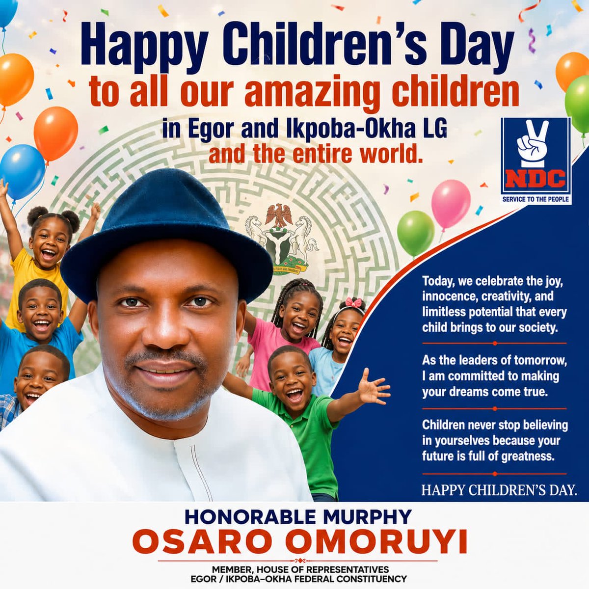 MurphyOsaro's tweet photo. Hon. Murphy Osaro Omoruyi Reaffirms Commitment to Creating an Enabling Environment for Children as He Celebrates Children’s Day 2026

Hon. Murphy Osaro Omoruyi has extended warm felicitations to children across Egor and Ikpoba-Okha Federal Constituency as they commemorate the https://t.co/5t2pBeBumU