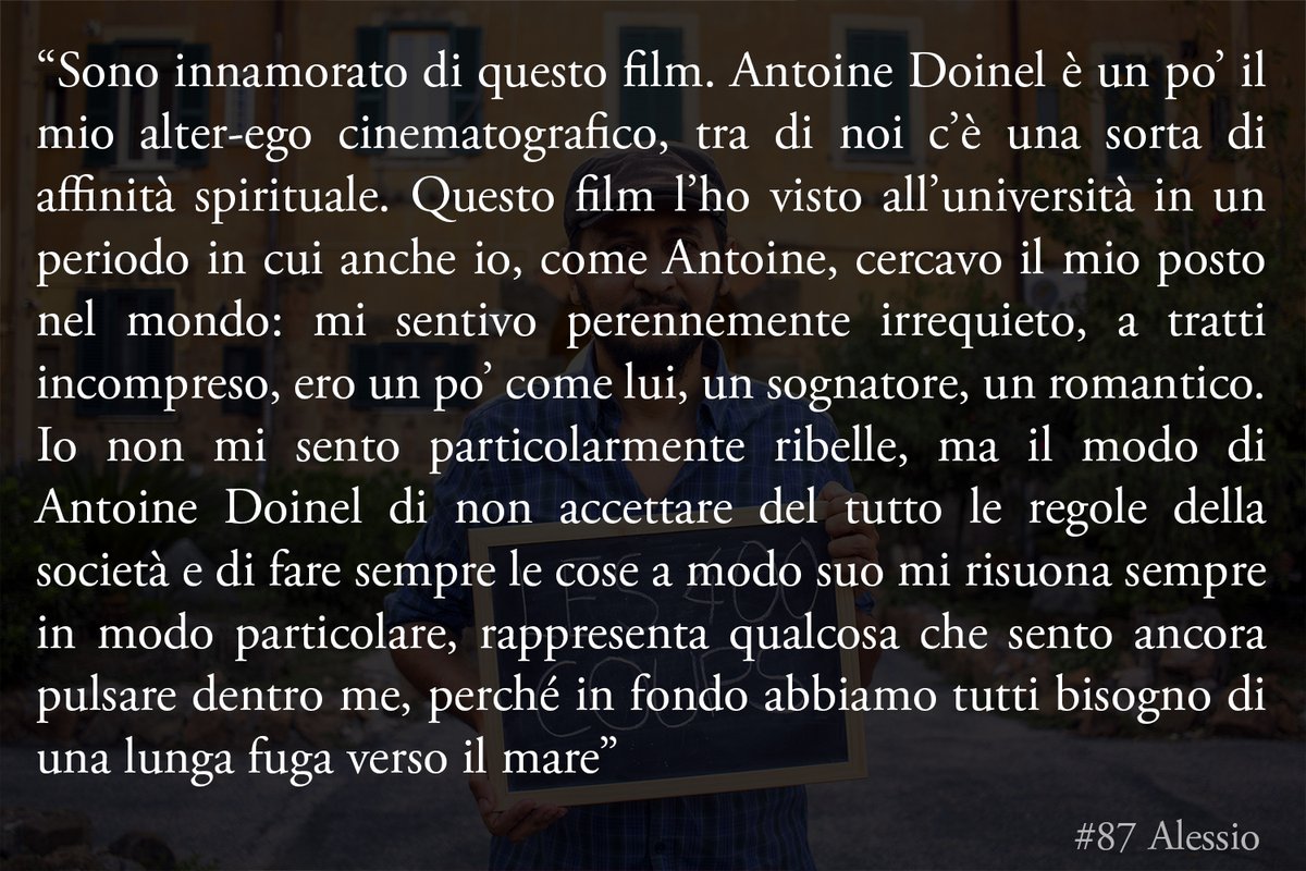 Alessio3R's tweet photo. FILM PEOPLE 87/241
Il film preferito di Alessio è "I 400 Colpi" (1959) di François Truffaut.

Qual è invece il tuo film della vita?
Scrivilo qui: https://t.co/q5Gfzace3o

#filmpeopleproject https://t.co/a8ELgqIhsu