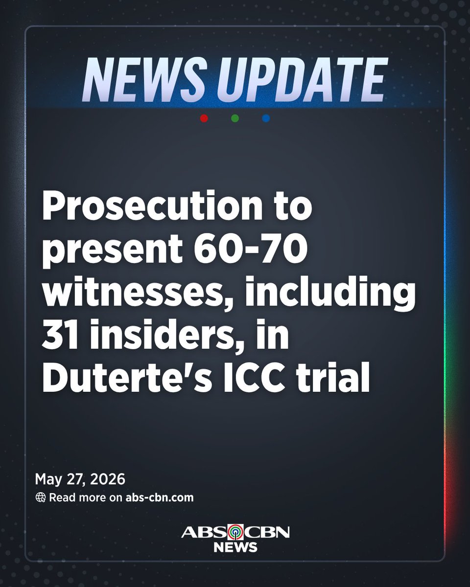ABSCBNNews's tweet photo. The prosecution confirms they will present 60 to 70 witnesses, including approximately 31 insider witnesses, in former president Rodrigo Duterte's ICC trial. #DuterteInICC | via @_katrinadomingo https://t.co/XlwmXIhLeM