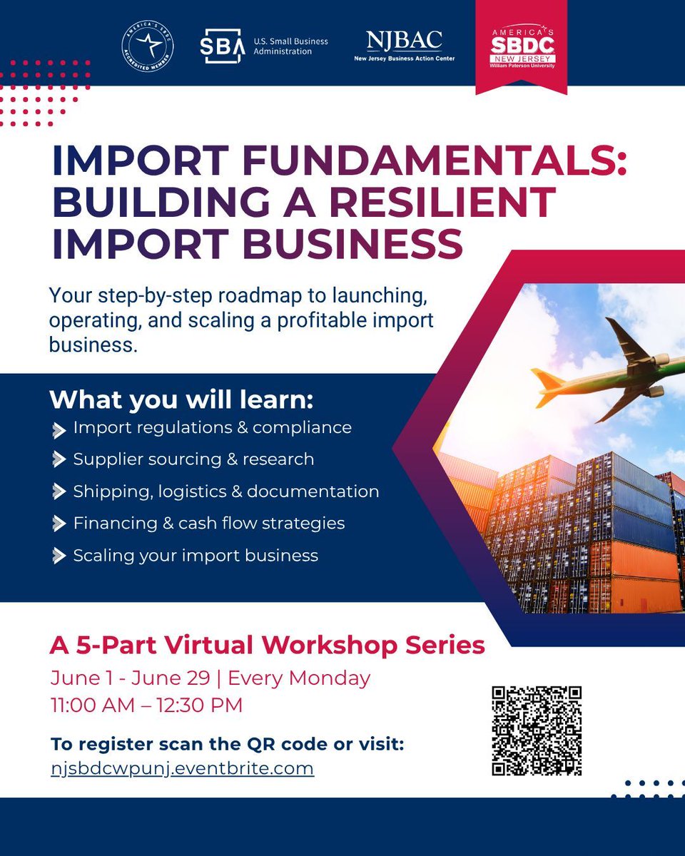 WPSBDC's tweet photo. Join our 5-Part Virtual Import Fundamentals Series and gain the practical tools, strategies, and confidence to launch or grow a resilient import venture. Learn directly from industry expert Marcela Zuchovicki and master everything from sourcing and shipping to financing. https://t.co/CoKlyKBpWx
