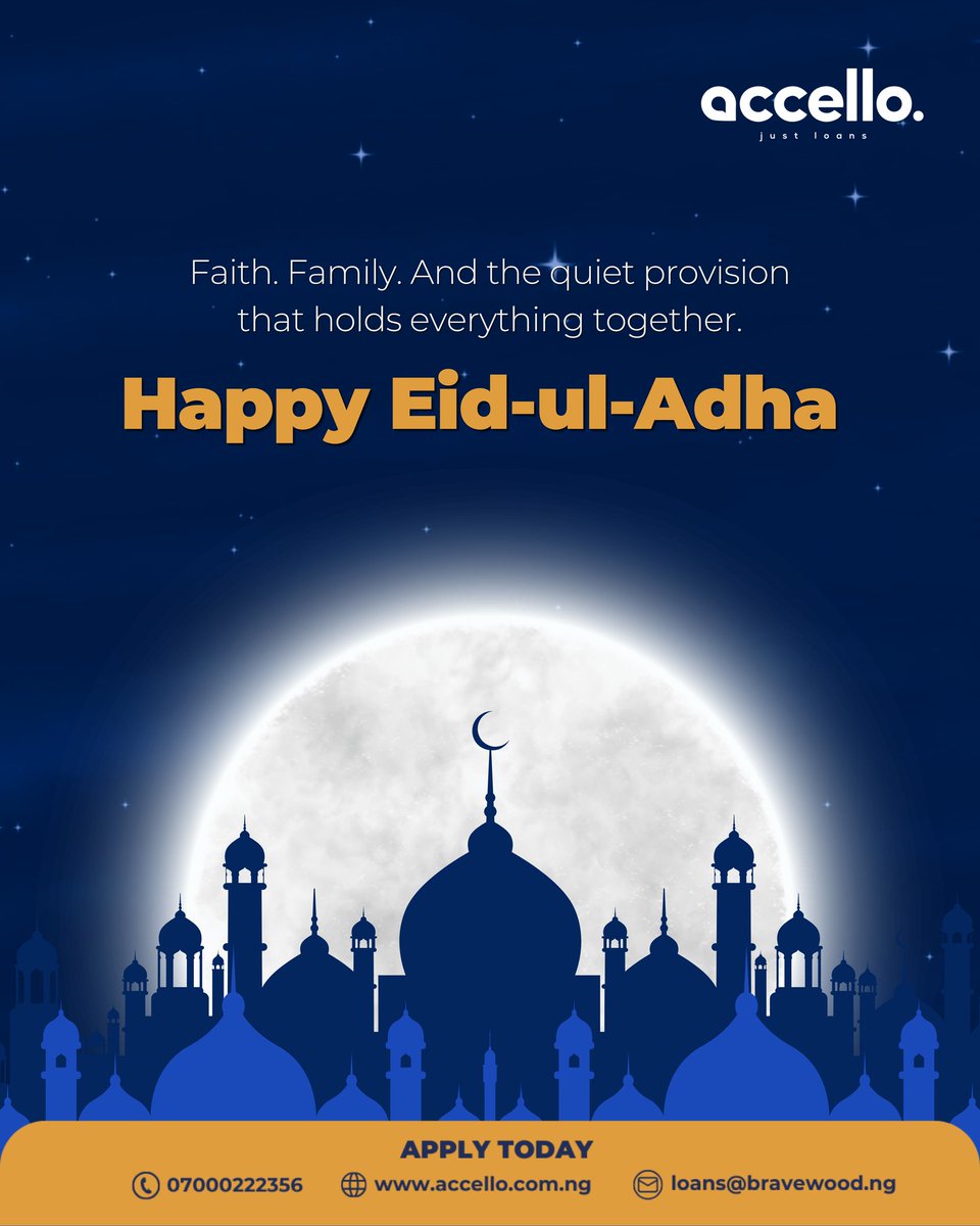 Accello_ng's tweet photo. Behind every celebration is the work of a year, the savings, the sacrifices, the standing quietly in the gap for the people you love.

This Eid, we honour that work, and the faith that carries it.
Eid Mubarak from all of us at Accello.

#Accello #JustLoans #QuickLoans #EidMubarak https://t.co/bjSy7IKwfO