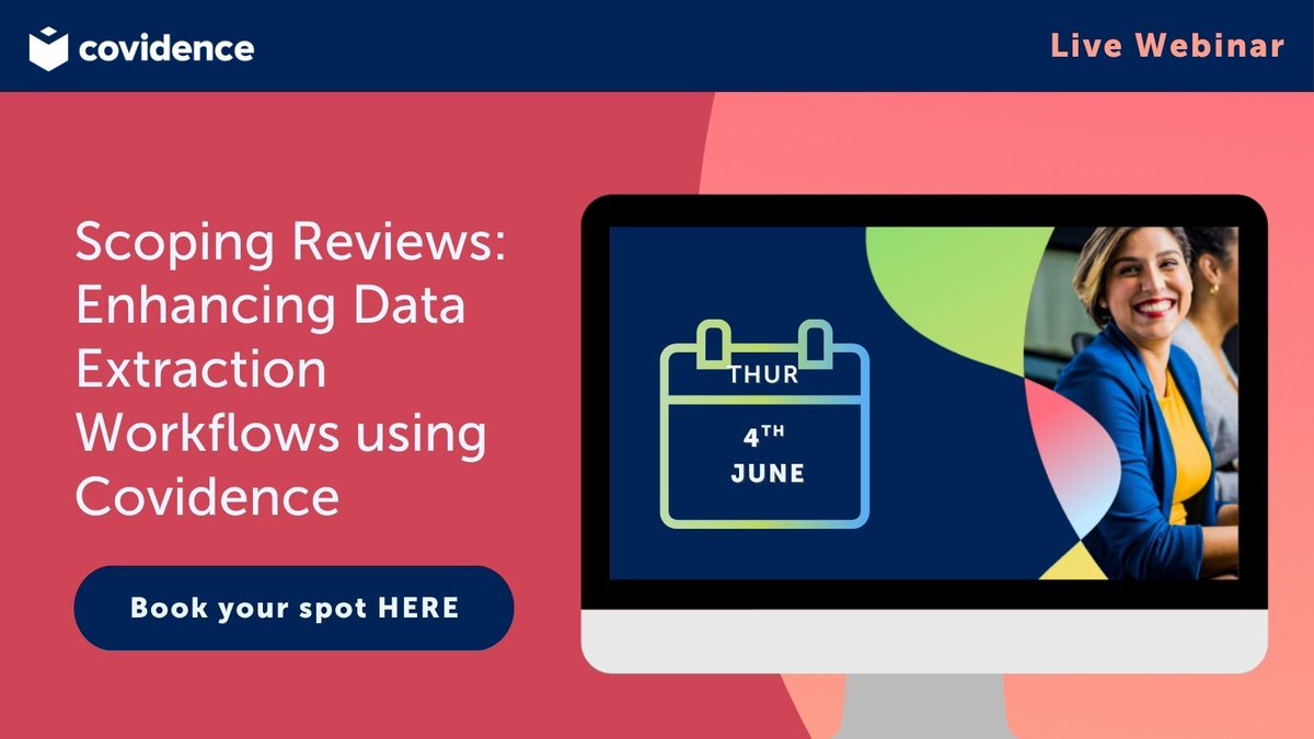 Covidence's tweet photo. Live webinar: June 4, 2026. 
Scoping Reviews: Enhancing Data Extraction Workflows using Covidence.

Learn how to: 
- apply the PCC framework
- design extraction fields for your review question
- create an extraction template using our Extraction 2 tool

https://t.co/oaT5Di5qWz https://t.co/a5AEsS9IeK