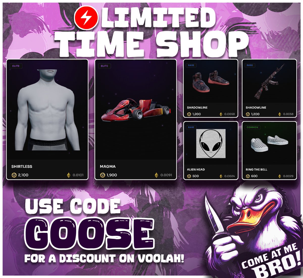 0x_Goose's tweet photo. ⚡️ New Limited Time Shop...                                              
Use Code [GOOSE] for a 10% discount on Voolah!
https://t.co/XKbsKaH1c5
@KOMPETEgame https://t.co/U0iujJpSY7