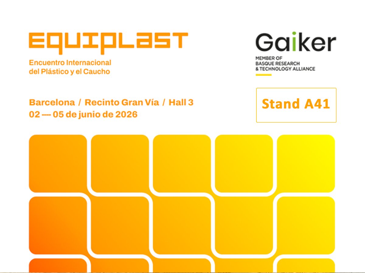 GAIKER_BRTA's tweet photo. La semana que viene estaremos en #Equiplast2026 presentando nuestra oferta de I+D en composites y polímeros funcionales sostenibles♻️🔬
📅 02-05|06|2026
📍 Fira Barcelona Gran Via
🗣️ Stand A41
Más info 👇
https://t.co/GuIfENBo45
#Composites #Polímeros #EconomíaCircular @CEPplast https://t.co/k6kuOVRydw