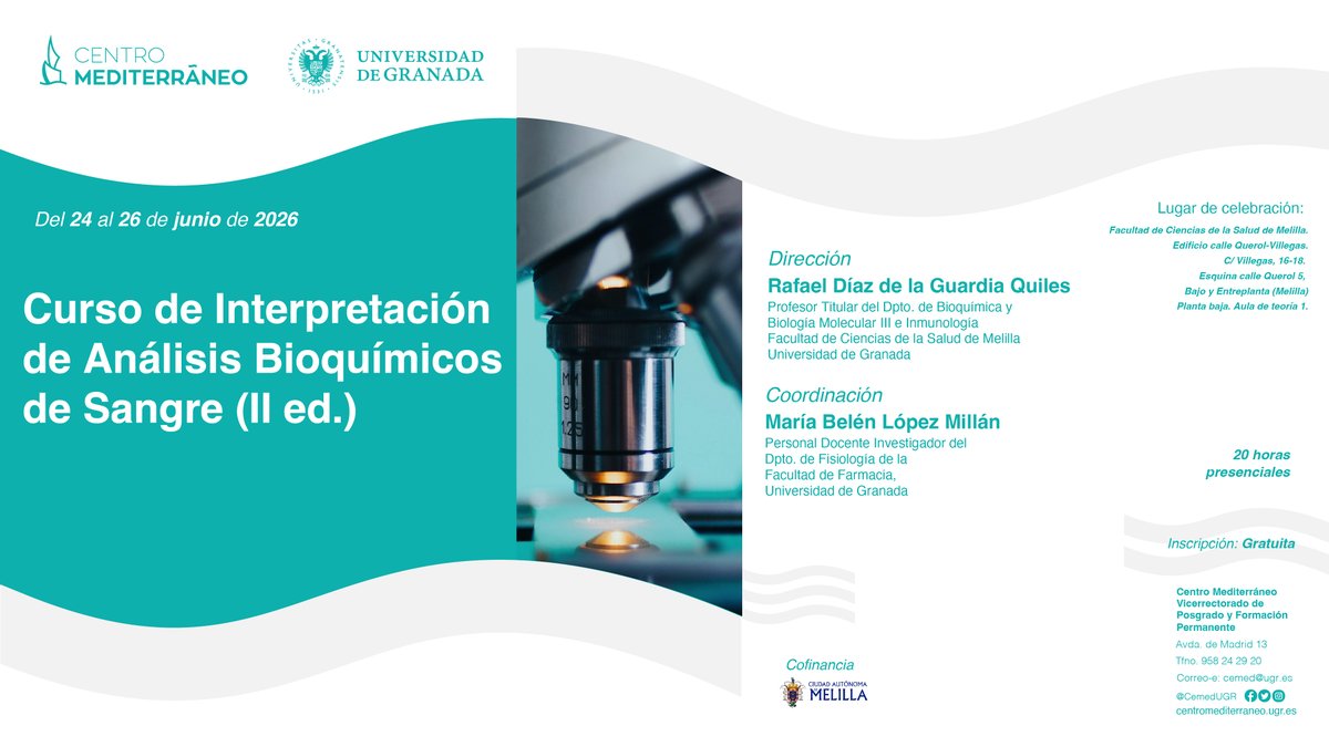 CemedUGR's tweet photo. Curso presencial en Melilla: "Interpretación de análisis bioquímicos de sangre (II ed.)"
Del 24 al 26 de junio de 2026
20 horas presenciales
Más información: https://t.co/eAscEsggIF
#cursoscemed https://t.co/AAlQ7REriS