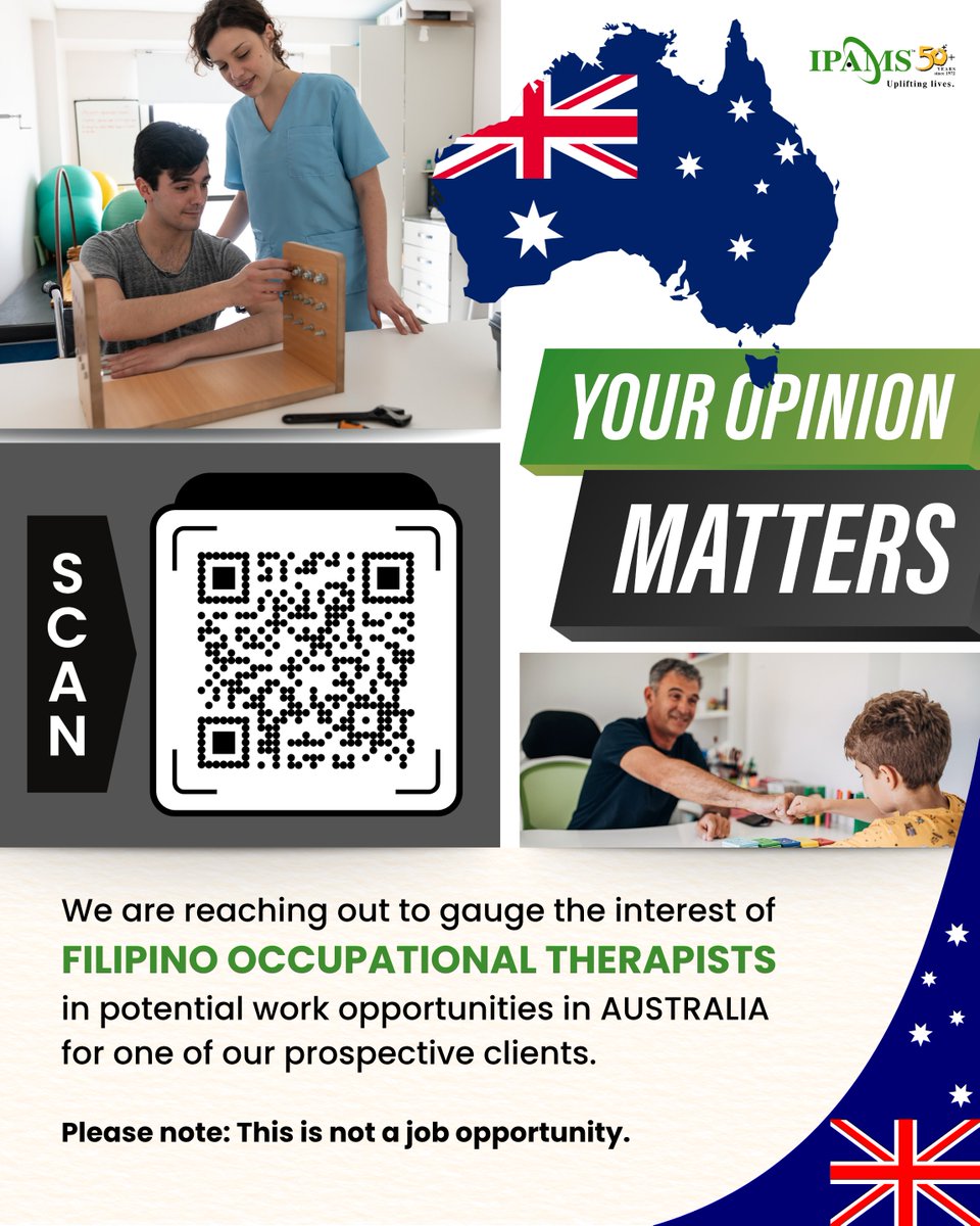 ipamsph's tweet photo. 🇵🇭 Filipino Occupational Therapists — Is Australia your dream work destination? 🇦🇺✨

If "yes", then scan the QR code or answer our survey by clicking here - https://t.co/RYyUSWvPJa

Note: This is not a job opportunity. https://t.co/dHvkTRSinX