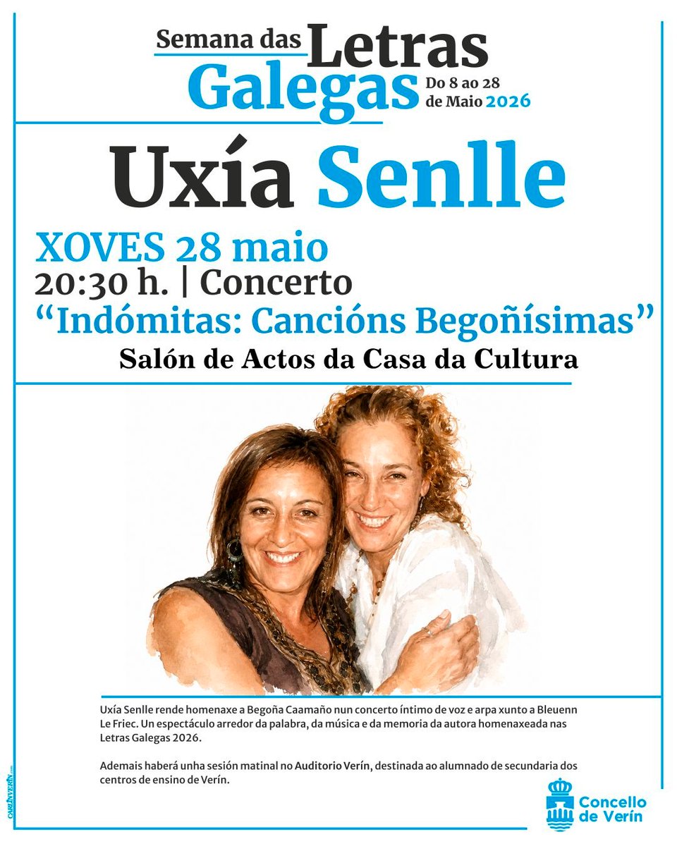 concelloverin's tweet photo. 🎶📚 Verín pecha a programación das Letras Galegas co concerto “Indómitas: Cancións Begoñísimas”, este xoves 28 de maio ás 20:30 h na Casa da Cultura. https://t.co/zf85ztwccE