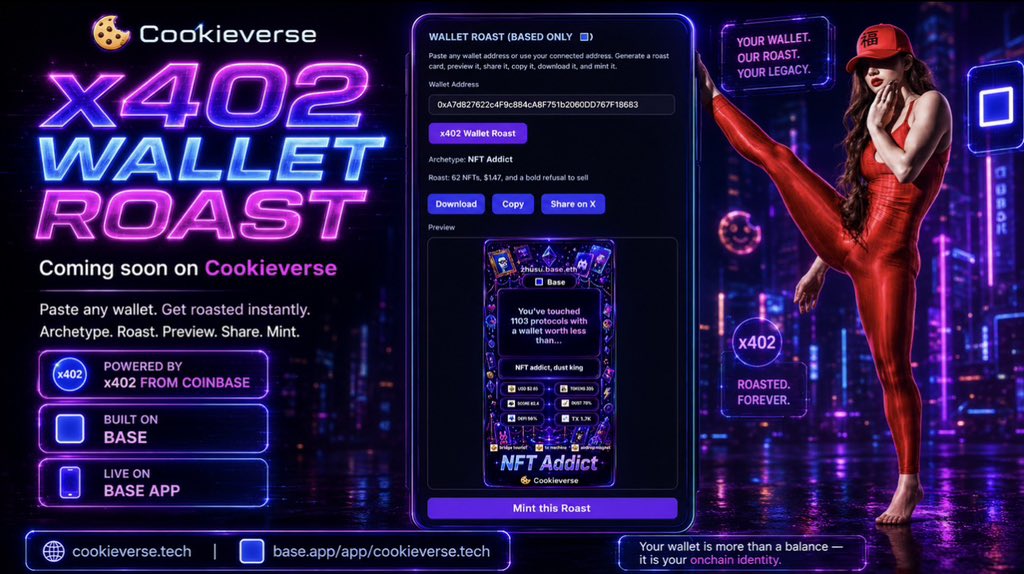 Natalia77351991's tweet photo. Soon on Cookieverse by @MSSystemWEB3: x402 Wallet Roast 🍪

Paste any wallet. Get cooked instantly.

Your wallet becomes a roast card with: archetype, score, preview, copy, download, share on X and mint.

One wallet in. One identity out.

Powered by x402 from @coinbase.🦾 Built on @base. 🟦 And yes - Cookieverse is live on @baseapp too.💙

This is not just wallet lookup. This is onchain reputation with memes and violence.

Coming soon. 🔔

Who’s brave enough to roast their bag with x402 Coinbase?👀

Links to Cookieverse in the thread. 👇
