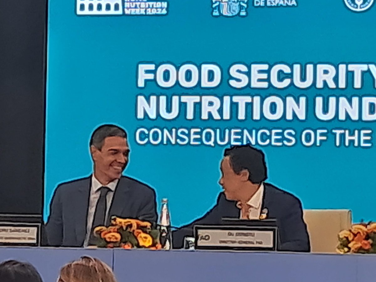 FranceONURome's tweet photo. À l’occasion de la #NutritionWeek à Rome, le Premier ministre 🇪🇸 Pedro Sánchez s’est exprimé à la @FAO sur les conséquences du conflit au Moyen-Orient sur la sécurité alimentaire. 

🗣️ Un rappel que la lutte contre la faim exige une mobilisation politique au plus haut niveau 🌾 https://t.co/fMePfMfweK