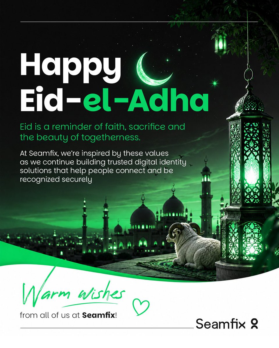 seamfixltd's tweet photo. 🌙 Happy Eid-el-Adha from Seamfix!

As we celebrate, we’re reminded of the power of faith, sacrifice, and values that continue to inspire how we build Africa’s digital identity infrastructure, helping people prove who they are securely.
Wishing you abundant blessings this season! https://t.co/N9fjI4fx7R