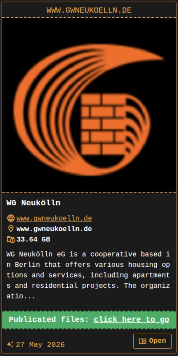 Comparitech's tweet photo. 🚨 WG Neukölln 🇩🇪 has been added to the data leak site of ransomware gang DragonForce. 33.64 GB allegedly stolen.

The German housing authority confirmed its systems were encrypted on April 18 and said a data breach had occurred. Restoration is ongoing.

https://t.co/D9AOmQFbCS https://t.co/cpe8pXX2Ff