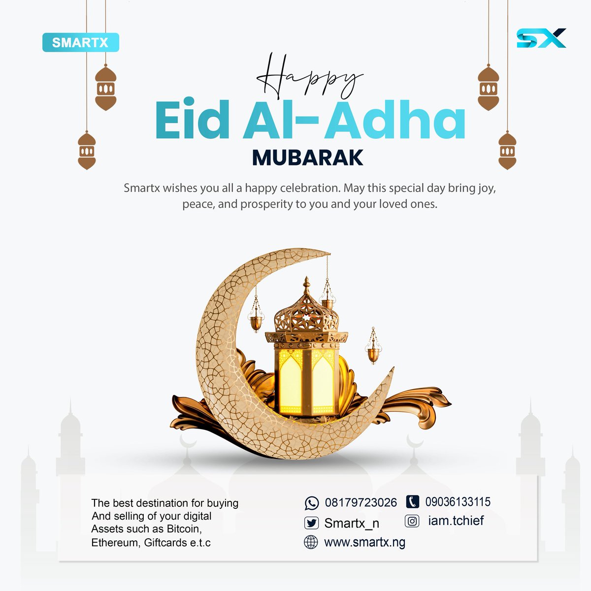 SmartX_n's tweet photo. Happy Eid El Fitr.
Wishing you all a wonderful celebration. 

 #eid #eidelfitr #crypto
#exchange https://t.co/Bk2iRpLK5Q