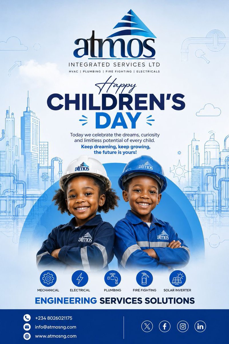atmosltd's tweet photo. The next generation of engineers is already ready.

Happy Children’s Day from Atmos to every child whose curiosity will one day build something extraordinary.

Keep dreaming. The industry needs you. 🤍

📞 +234 8026021175

#ChildrensDay #HappyChildrensDay #Atmos #mep #mepf https://t.co/ZrgmL5bmUO