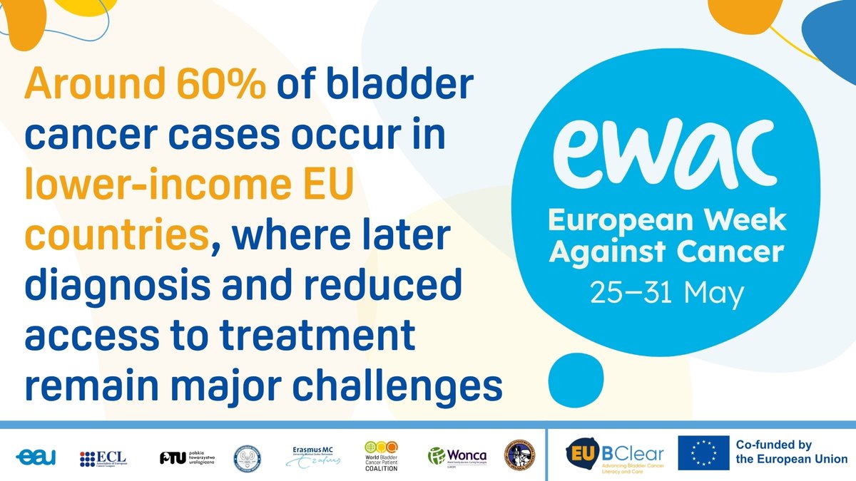 EU_BClear's tweet photo. Where you live should not determine whether you survive bladder cancer.
60% of cases occur in lower-income EU countries, where patients face later diagnosis and fewer treatment options.
Access to treatment starts with access to information.
#BladderCancer #PatientRights #BCLEAR https://t.co/6NUHzkdzoS