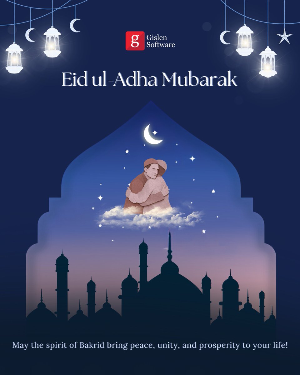 GislenSoftware's tweet photo. May the festival of Eid ul-Adha bring peace, unity, and endless blessings to your home.

Wishing you a wonderful celebration with your family and loved ones! ✨🌙

#Gratitude #EidUlAdha #Bakrid2026 https://t.co/NTZHH3ESrq