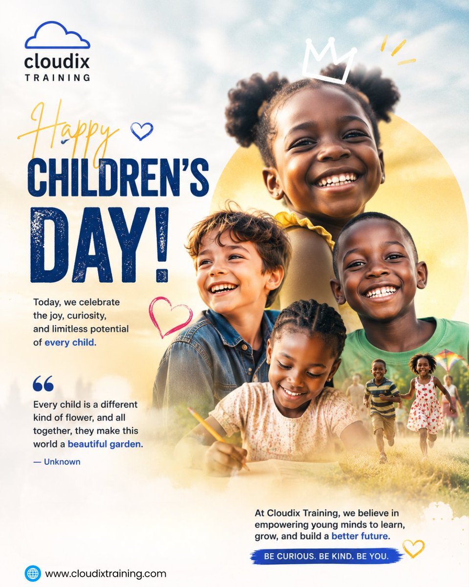 CloudixT's tweet photo. Happy Childrenβs Day to all the amazing children in Nigeria, across Africa, and around the world. May your future shine brighter than ever. ππ«
#ChildrensDay #HappyChildrensDay #Cloudix #CloudixTraining #FutureLeaders #InspiringYoungMinds #EidMubarak https://t.co/oyvbP0dryB