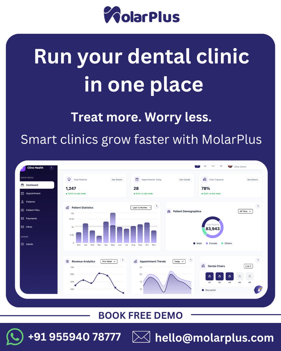 Molarplus_'s tweet photo. Run your dental clinic in one place 🦷

Appointments, billing, patient records, follow-ups &amp; analytics — simplified with  MolarPlus.

Treat more. Worry less.

#DentalSoftware #MolarPlus #DigitalDentistry #ClinicManagement https://t.co/62o4wgfb3V