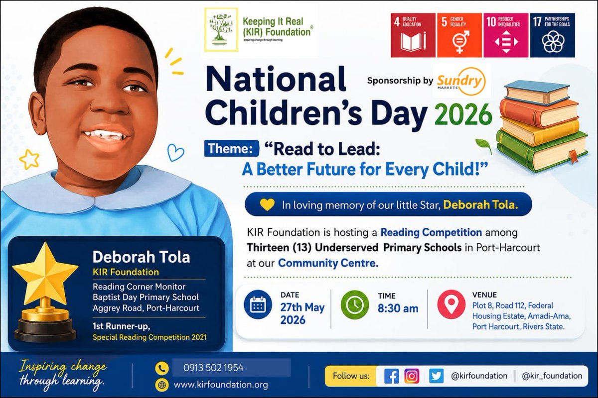 kirfoundation's tweet photo. Young voices. Brighter futures!✨

Today, we are hosting the #KIRFoundation 6th National Children’s Day Reading Competition for pupils from 13 underserved schools, sponsored by @marketsquareng

🎥 Join us live on IG. Cheer them. Support literacy!

#Nigeria #ChildrensDay2026 #SDG4 https://t.co/sykmgcxsh6