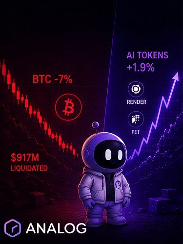 OneAnalog's tweet photo. $BTC down 7% in two weeks. $917M liquidated.

Meanwhile: ai tokens are the only sector in green. CoinDesk Computing Index up 1.9%.

The market is choosing. It's choosing utility over narrative.

Analog Labs builds both: cross-chain infrastructure and a live ai chief of staff with 1,200+ users.

We're not watching the rotation. we're in it.