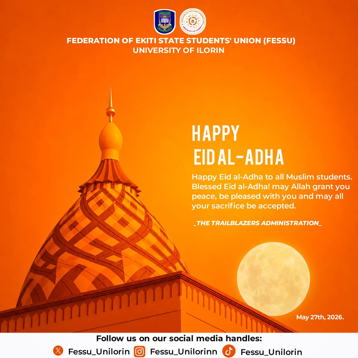 FESSU_UNILORIN's tweet photo. EID AL-ADHA MUBARAK🤍🌙

Today, we join all Muslim Fessuites as they observe Eid al-Adha, one of the most important holidays in the Islamic calendar.

May this blessed occasion fill your heart with peace, your home with happiness, and your life with countless blessings. 🐑🤲🕌 https://t.co/NysE5axzjy