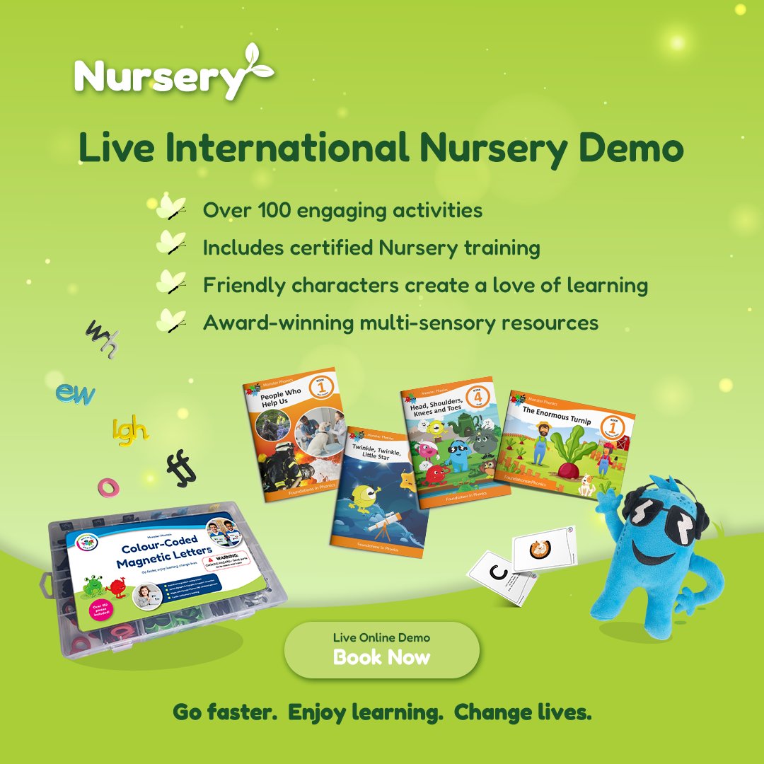 MonsterPhonics's tweet photo. International Nursery Demo for Early Years Schools and Settings

Join Hannah Rudling, Head of International Development at Monster Phonics, for a free live demo designed specifically for international schools, nurseries and early years teams.

Explore how the Monster Phonics Nursery Programme helps children build the listening, language and sound awareness skills needed before formal phonics teaching begins.

In this practical 30-minute session, you’ll see how the programme:
✔ Builds strong foundations in speaking, listening, rhythm and rhyme
✔ Supports EAL, SEND and diverse international classrooms
✔ Uses engaging multisensory activities children genuinely enjoy
✔ Provides a clear pathway into Reception phonics
✔ Reduces workload with ready-to-use planning and activities
Hannah brings over 15 years of experience across UK and international schools and understands the unique needs of international early years settings.
📅 Tuesday 9th June
⏰ 8am BST | 11am BST | 2pm BST
All attendees receive two weeks of free access to the Nursery Programme for their setting.
Book your free place: https://t.co/5dbWC5T06H
Go faster. Enjoy learning. Change lives.

#MonsterPhonics #InternationalSchools #InternationalEducation #NurseryEducation #EarlyYears #EYFS #Phonics #EarlyReading #EAL #SEND #Literacy