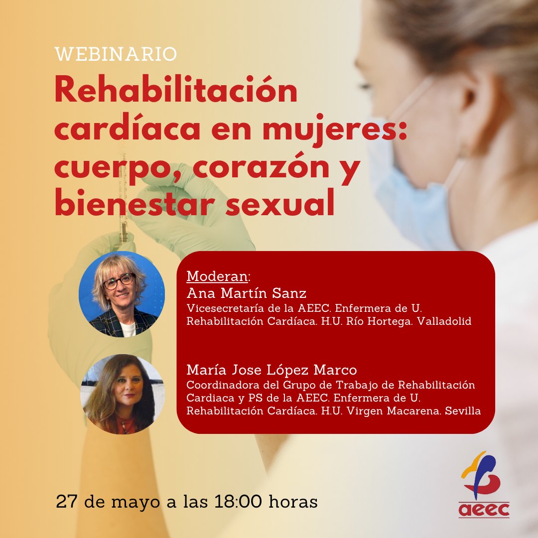 AEEC_enfcardio's tweet photo. ¡Hoy! WEBINAR #AEEC - Rehabilitación cardíaca en mujeres: cuerpo, corazón y bienestar sexual.
📅 27/5/26 🕧 18h 
Ponentes: Laura Prieto, Sara Herrero y Tamara Moya. Moderan: Ana Martín y María J. López
Inscríbete: https://t.co/VPahTkybmC https://t.co/UxCXfJImto