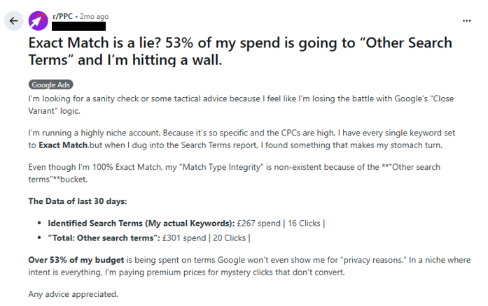 YeezyPay's tweet photo. 𝗘𝘅𝗮𝗰𝘁 𝗠𝗮𝘁𝗰𝗵 ≠ 𝗲𝘅𝗮𝗰𝘁 𝘁𝗿𝗮𝗳𝗳𝗶𝗰 𝗮𝗻𝘆𝗺𝗼𝗿𝗲

More advertisers are seeing large chunks of spend disappear into hidden “Other search terms” inside Google Ads.

One recent case:
• £267 → visible queries
• £301 → hidden queries
• 53% of spend had limited transparency

Why this happens in 2026:
• Close variants
• Intent matching
• Semantic expansion
• Hidden search term grouping

We broke down what’s changed in Google Ads and how advertisers can reduce wasted spend:

https://t.co/aA6WG5fO0g