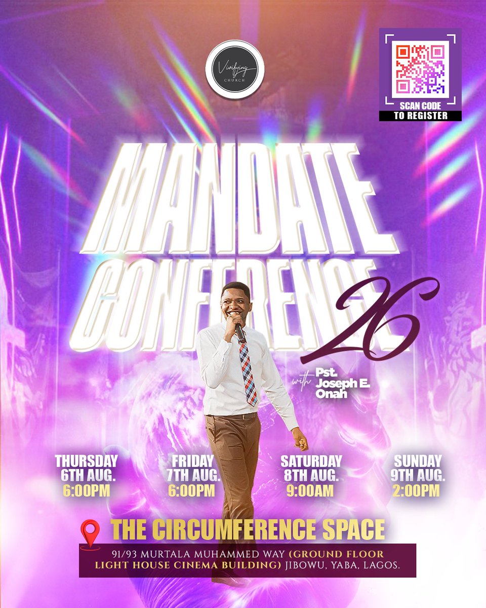 vivifyingchurch's tweet photo. Something supernatural is coming your way this August!
Mandate Conference 2026 is here!

Mandate Conference is a yearly vision-casting meeting for all believers, where we are made to understand God’s plan and purpose for all humanity, and God’s will for each man’s life. https://t.co/ijLMlDvFE5