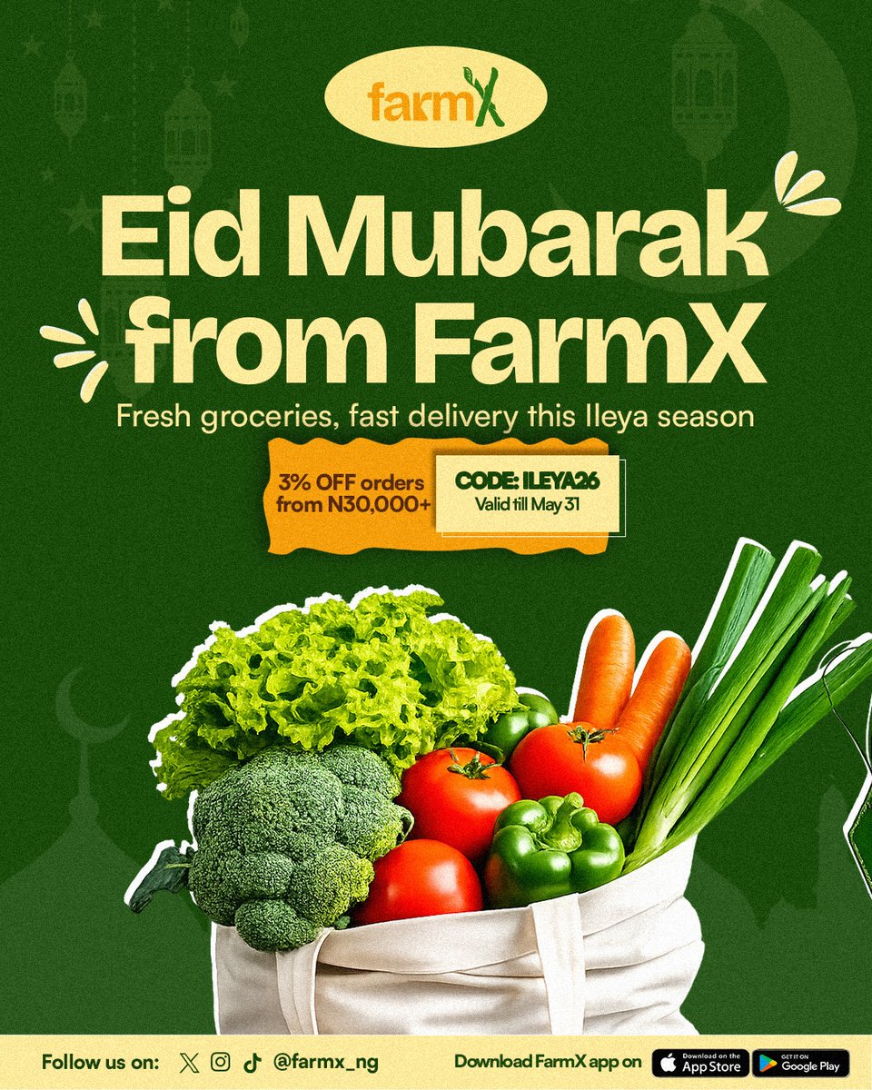 FarmX_ng's tweet photo. From all of us at FarmX, Happy Eid Mubarak.

May this season bring you immense peace and happiness, and may all your duas be received and answered🤍

Eat for 2 and do not forget to order from FarmX to get a 3% discount on orders above 30k. Valid till the 31st

#ileya #childrenday https://t.co/jzXPMjD2LP