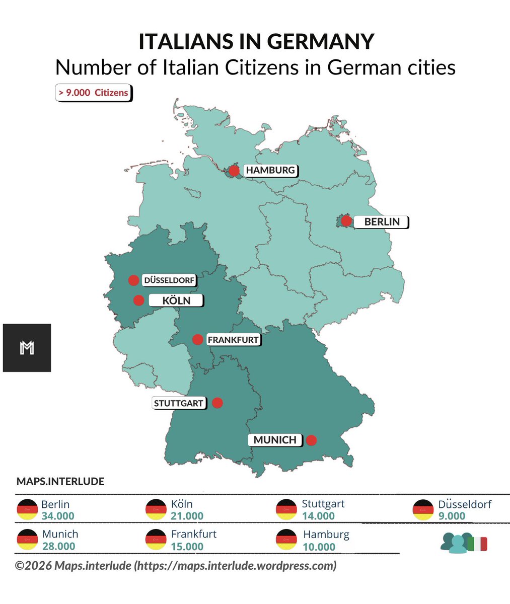 Maps_interlude's tweet photo. The #German #cities with the largest #italian #populations 
~
Highest: 🇩🇪#Berlin 34.000
•
#maps #Germany #Italy https://t.co/Fa0B3CSehI