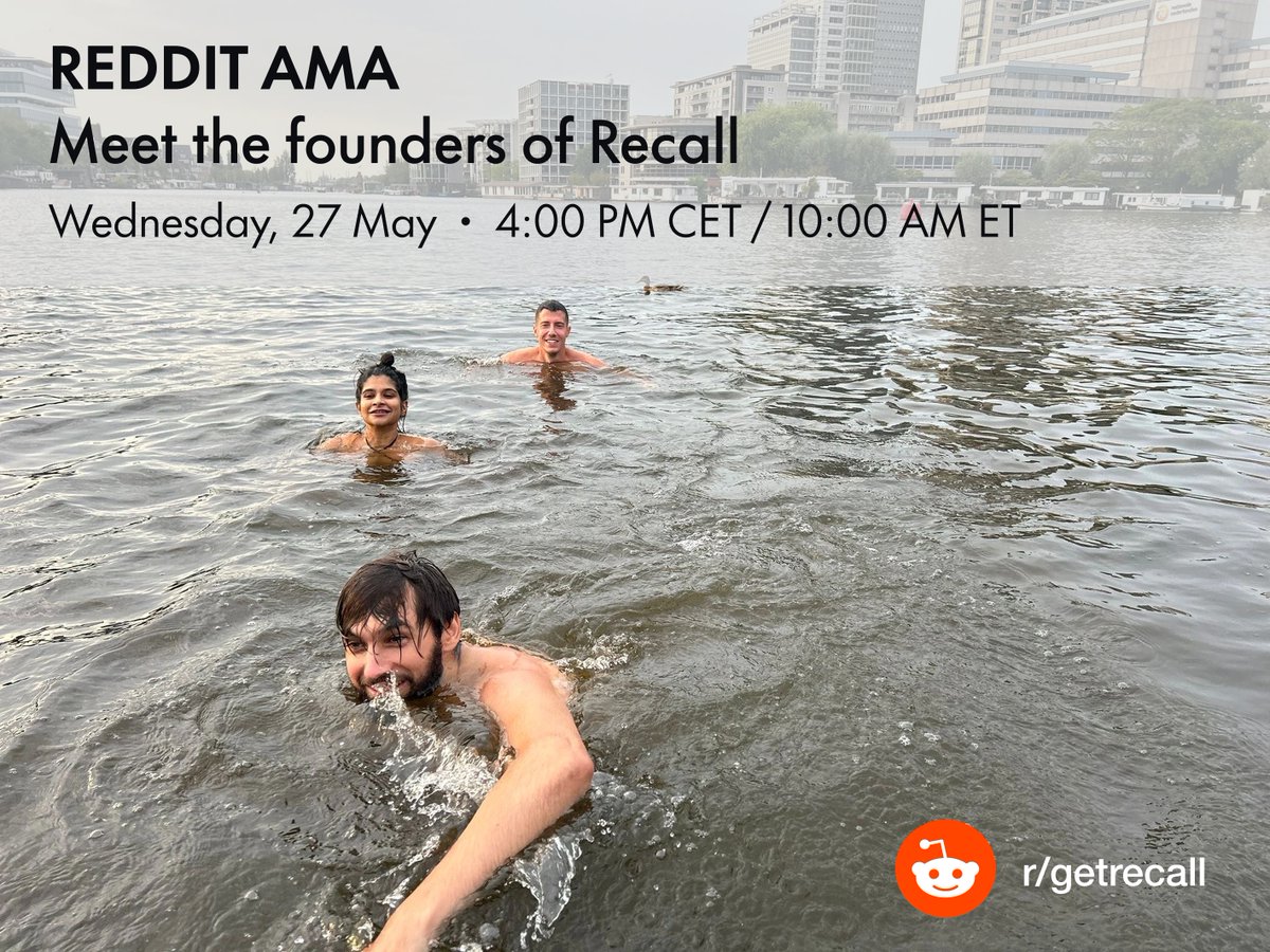 getRecallAI's tweet photo. With over 30% of Recall's growth coming from Reddit, we're excited to finally join the community!

Today we're launching r/getrecall, and we're kicking it off with a live AMA. Our CEO Paul Richards, CTO Igor Gligorevic, and COO Sankari Nair will be answering anything you throw at them. 

Roadmap, pricing, why we built Recall the way we did.

If you've ever used Recall, or are just curious come hang out with us!

#reddit #ama #buildinpublic