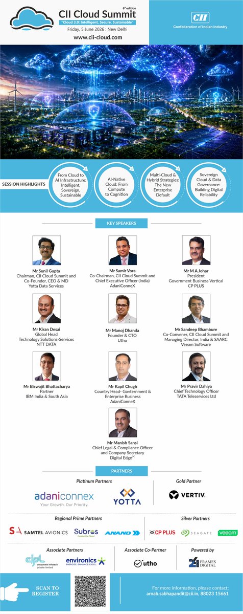cii4nr's tweet photo. Confederation of Indian Industry (CII) is hosting the 6th Cloud Summit on 5 June 2026 in New Delhi, themed “Cloud 3.0: Intelligent, Secure, Sustainable”.

Join Policy makers, industry leaders and experts as they explore:
From Cloud to AI Infrastructure
AI-Native Cloud
Multi-Cloud & Hybrid Strategies
Sovereign Cloud & Data Governance

Registration link: https://t.co/BsX6tGXrSf

#CII4NR #CIICloudSummit #CloudComputingIndia #DigitalTransformation #AIandCloud

@CIIEvents