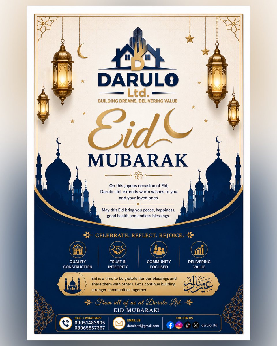 Darulo_ltd's tweet photo. ✨ Eid Mubarak from Darulo Ltd. ✨

As we celebrate this season of peace, sacrifice, and gratitude, we pray that this Eid brings endless blessings, happiness, and prosperity to you and your loved ones. 🌙🤍 https://t.co/tKhvqiXSJF