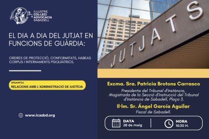 icasbd's tweet photo. 🗓️DEMÀ, 28 de maig, 16:30h.

🗒️El dia a dia del Jutjat en funcions de guàrdia: Ordres de protecció, conformitats, habeas corpus i internaments psiquiàtrics.

🎓Patricia Brotons, Presidenta del Tribunal d'Instància de  Sabadell i Ángel García, Fiscal.

🏛️Presencial a l'@icasbd. https://t.co/fDQUu4FIth