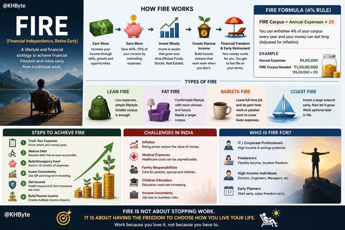 KHByte's tweet photo. `FIRE’ (Financial Independence, Retire Early) என்றால் என்ன? 

சமீப காலமாக சமூக வலைதளங்களிலும், பொருளாதார விவாதங்களிலும் அதிகம் பயன்படுத்தப்படும் வார்த்தை “FIRE”. அப்படி என்றால் என்ன எதைப் பற்றி பேசுகிறார்கள் என்பதை பற்றி இங்கே பார்ப்போம்.

FIRE (Financial Independence, Retire Early) என்பது “பொருளாதார சுதந்திரத்தை அடைந்து, வழக்கமான வேலை வாழ்க்கையிலிருந்து முன்கூட்டியே வெளியேறுவது” என்ற வாழ்க்கை முறை மற்றும் நிதி திட்டமிடல் கருத்தாகும்.

இதில் இரண்டு முக்கிய நோக்கங்கள் உள்ளன:

https://t.co/zMhgIsop3P Independence (FI)
உங்கள் மாத/வருட செலவுகளை உங்கள் சேமிப்புகள், முதலீடுகள், passive income மூலம் நிரந்தரமாக நடத்தும் நிலை.

2.Retire Early (RE)
55–60 வயதுக்கு முன்பே வேலை அழுத்தத்திலிருந்து வெளியேறி, விருப்பமான வாழ்க்கையை வாழ்வது.

FIRE எப்படி செயல்படுகிறது?

பொதுவாக FIRE பின்பற்றுபவர்கள்:
• அதிக வருமானம் ஈட்ட முயற்சிப்பார்கள்
• செலவுகளை கட்டுப்படுத்துவார்கள்
• வருமானத்தின் 40%–70% வரை சேமிப்பார்கள்
• Mutual Funds, Index Funds, Stocks, Real Estate போன்றவற்றில் நீண்டகால முதலீடு செய்வார்கள்
• Passive income உருவாக்குவார்கள்

FIRE Formula (பொதுவான விதி)

உங்கள் ஆண்டு செலவின் 25 மடங்கு பணம் இருந்தால் FIRE அடைந்ததாக கருதப்படும்.

உதாரணம்:

• வருட செலவு = ₹6 லட்சம்
• FIRE Corpus ≈ ₹6L × 25
• தேவைப்படும் தொகை ≈ ₹1.5 கோடி

இது “4% Rule” அடிப்படையில் கணக்கிடப்படுகிறது.

FIRE\ Corpus = Annual\ Expenses \times 25

FIRE வகைகள்:-

1. Lean FIRE
• குறைந்த செலவு வாழ்க்கை
• சிம்பிளான வாழ்க்கை முறை
• சிறிய corpus போதும்

2. Fat FIRE
• வசதியான வாழ்க்கை
• அதிக passive income
• பெரிய corpus தேவை

3. Barista FIRE
• Full-time வேலை விட்டு,
• Part-time / passion வேலை மட்டும் செய்வது

4. Coast FIRE
• இளமையிலேயே பெரிய முதலீடு செய்து,
• பிறகு அது வளர விடுவது

FIRE இலக்கு அடைய முக்கிய Steps:

1. செலவுகளை கண்காணிக்கவும்
2. கடன்களை குறைக்கவும்
3. Emergency Fund உருவாக்கவும்
4. SIP மூலம் தொடர்ந்து முதலீடு செய்யவும்
5. Health Insurance & Term Insurance எடுக்கவும்
6. Passive income உருவாக்கவும்

FIRE-க்கு இந்தியாவில் மக்கள் சந்திக்கும் சவால்கள்: 

• பணவீக்கம் (Inflation)
• மருத்துவ செலவுகள்
• குடும்ப பொறுப்புகள்
• குழந்தைகள் கல்வி செலவு
• வருமானம் தடைப்படும் அபாயம்

FIRE விதி யாருக்கு பொருத்தம்?

• IT / Corporate வேலை செய்பவர்கள்
• Freelancers
• High-income professionals
• Early planning செய்யும் இளைஞர்கள்

முக்கியமன உண்மை என்னவென்றால் 👇🏻

FIRE என்பது “வேலை செய்யவே கூடாது” என்பதல்ல.
அது:

“பணம் தேவை என்பதற்காக மட்டும் வேலை செய்ய வேண்டாம்”
என்ற சுதந்திரத்தை உருவாக்குவது.

அதாவது, விருப்பமான வேலை, பயணம், தொழில், குடும்பம், ஆர்வங்கள் ஆகியவற்றில் நேரத்தை செலவிடும் வாழ்க்கை முறை.

——
இந்த பதிவு தகவலுக்காக மட்டுமே, FIRE பற்றி அறிந்து கொள்ள மட்டுமே பகிரப்படுகிறது.
——
Image Content: AI
#KHByte #FIRE