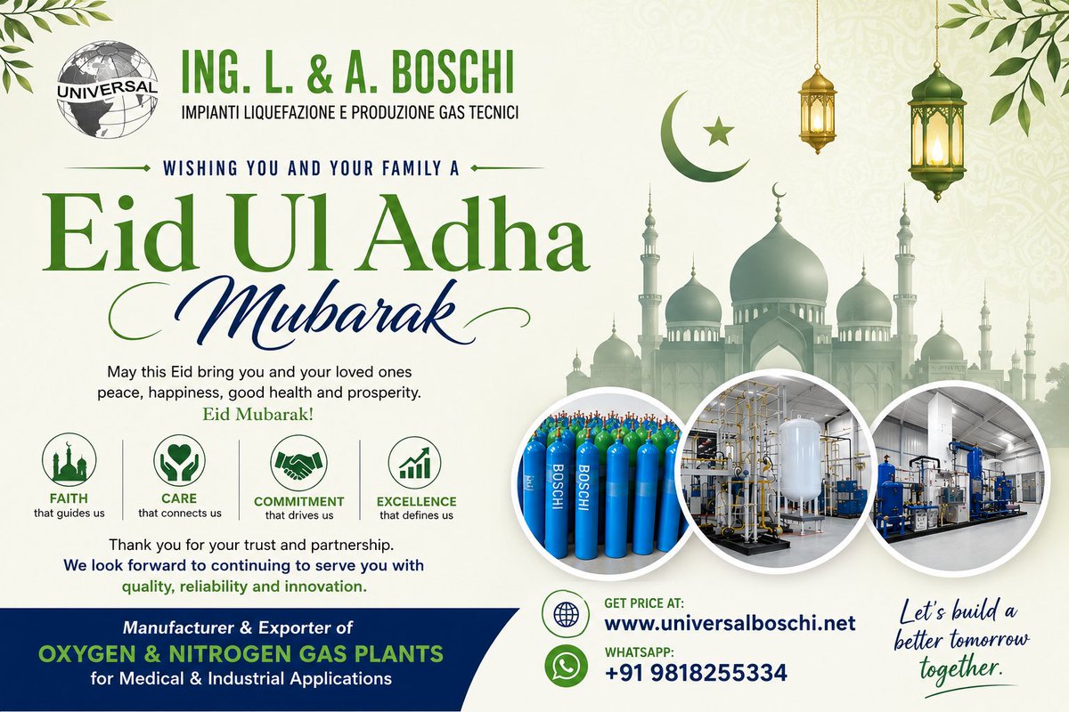 UniversalBoschi's tweet photo. 🌙✨ Eid Ul Adha Mubarak ✨🌙

On this blessed occasion of Eid Ul Adha, we extend our heartfelt wishes to all our valued customers, partners, and friends.

May this festival bring peace, happiness, prosperity, and success to you and your family.
May your sacrifices be rewarded with endless blessings and joy.
Thank you for your continued trust and support.

🌟 Warm Wishes from UNIVERSAL BOSCHI 🌟
🌐 https://t.co/vmDBIai2YL
📞 +91 98182 55334

#EidUlAdha #EidMubarak #Blessings #FestivalGreetings #UniversalBoschi