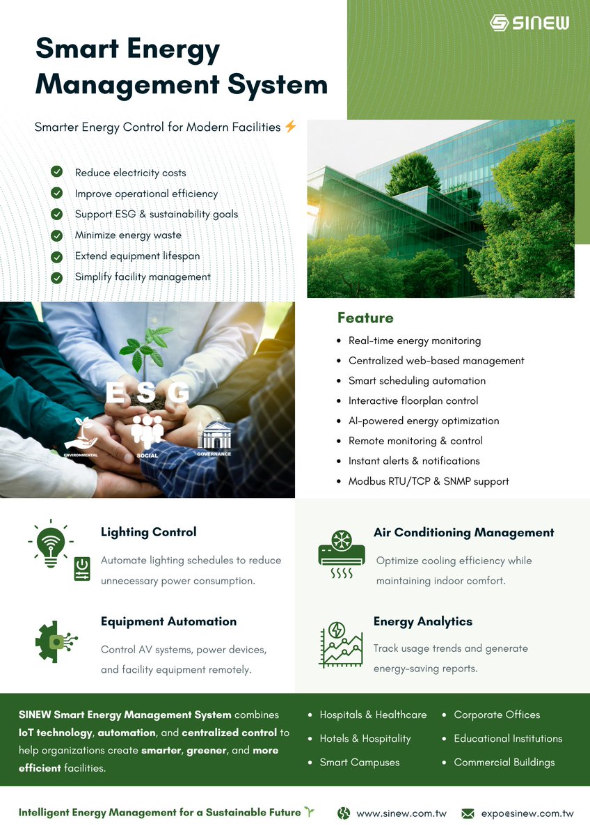sinew_tw's tweet photo. ⚡ Smarter Energy Starts Here! 🌍🏢
Reduce energy waste, optimize facility operations, and achieve your ESG goals with the SINEW Smart Energy Management System.
✅ Real-time energy monitoring
✅ AI-powered energy optimization
✅ Smart lighting &amp; air conditioning control https://t.co/i0ztKJhqCd