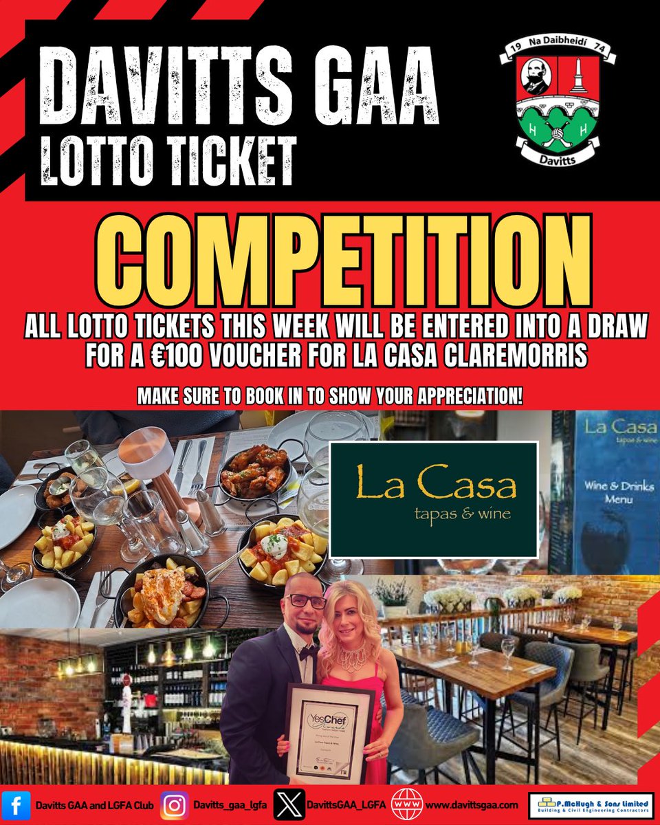 DavittsGAA_LGFA's tweet photo. This week, all Davitts GAA Lotto tickets purchased will be entered into a draw to win a €100 voucher for La Casa Claremorris, kindly sponsored by Caroline and Alex.

Our adult teams will be out selling tickets during the week and club members will also be outside Centra on Sat. https://t.co/Gc1a0HNx1h