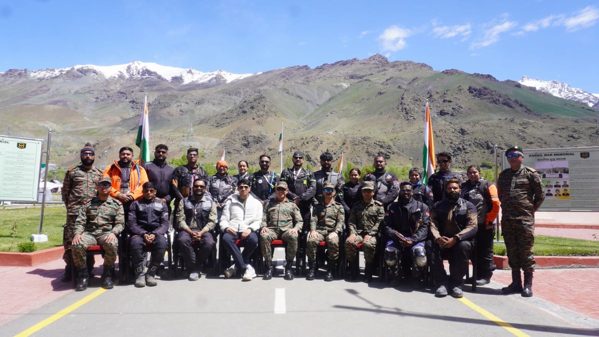 drassonline's tweet photo. Trinity Bike Rally was organised under the aegis of Dras Warriors Brigade in coordination with NGO Kreative Change and rally was flagged off from Kargil War Memorial on 27 May 2026. The rally covering Jammu–Leh–Pangong Tso–Hanle aimed to promote patriotism, national integration https://t.co/DXYs1wL3iX