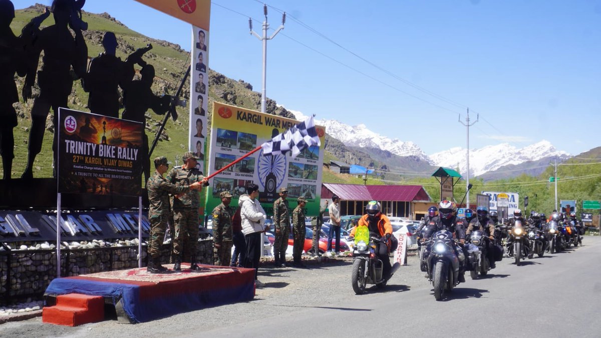 drassonline's tweet photo. Trinity Bike Rally was organised under the aegis of Dras Warriors Brigade in coordination with NGO Kreative Change and rally was flagged off from Kargil War Memorial on 27 May 2026. The rally covering Jammu–Leh–Pangong Tso–Hanle aimed to promote patriotism, national integration https://t.co/DXYs1wL3iX