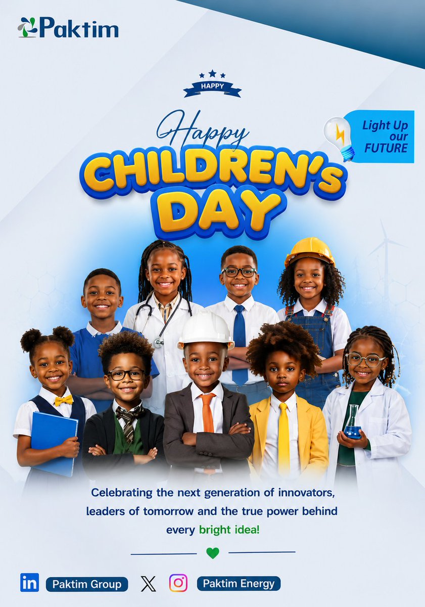 PaktimEnergy's tweet photo. Happy Children’s Day 

🌟 Celebrating the next generation of dreamers, innovators, and future leaders. Keep learning, keep growing, and keep shining. From all of us at PAKTIM 💙⚡ #HappyChildrensDay #LightUpTheFuture https://t.co/ofNIl4NAn5